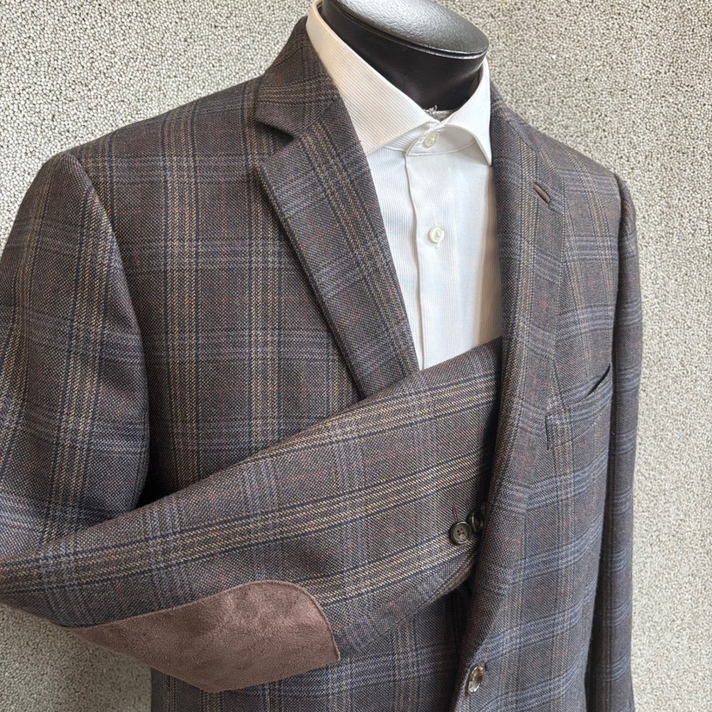 Johnston & Murphy 42L Blazer Brown Plaid Elbow Patches Sport Coat Dark Academia
